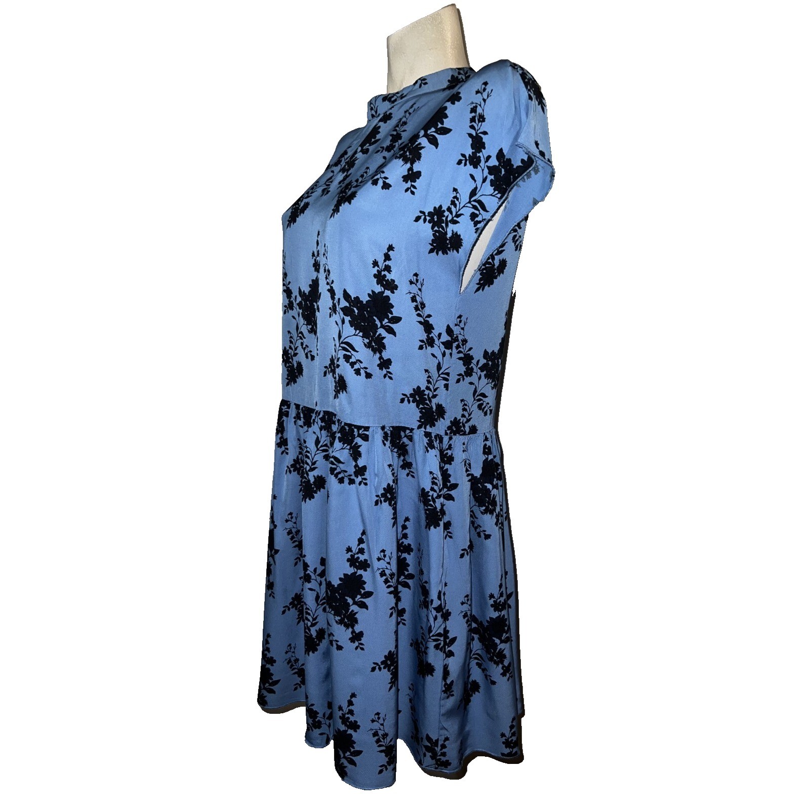 Samsoe Samsoe Blue Floral High Neck Keyhole Back Drop Waist Mini Dress Womens M