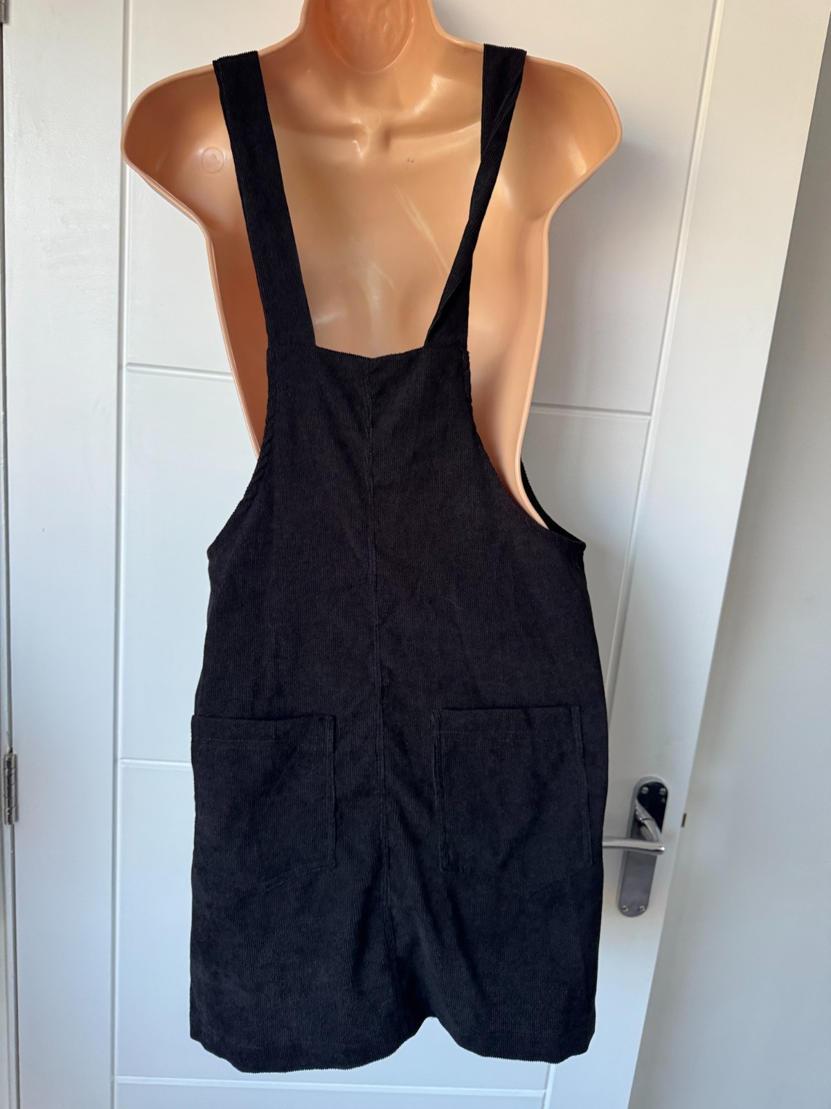SHEIN Black Corduroy Pinafore Dungaree Mini Dress Pocket Detail S UK 8-10 B92