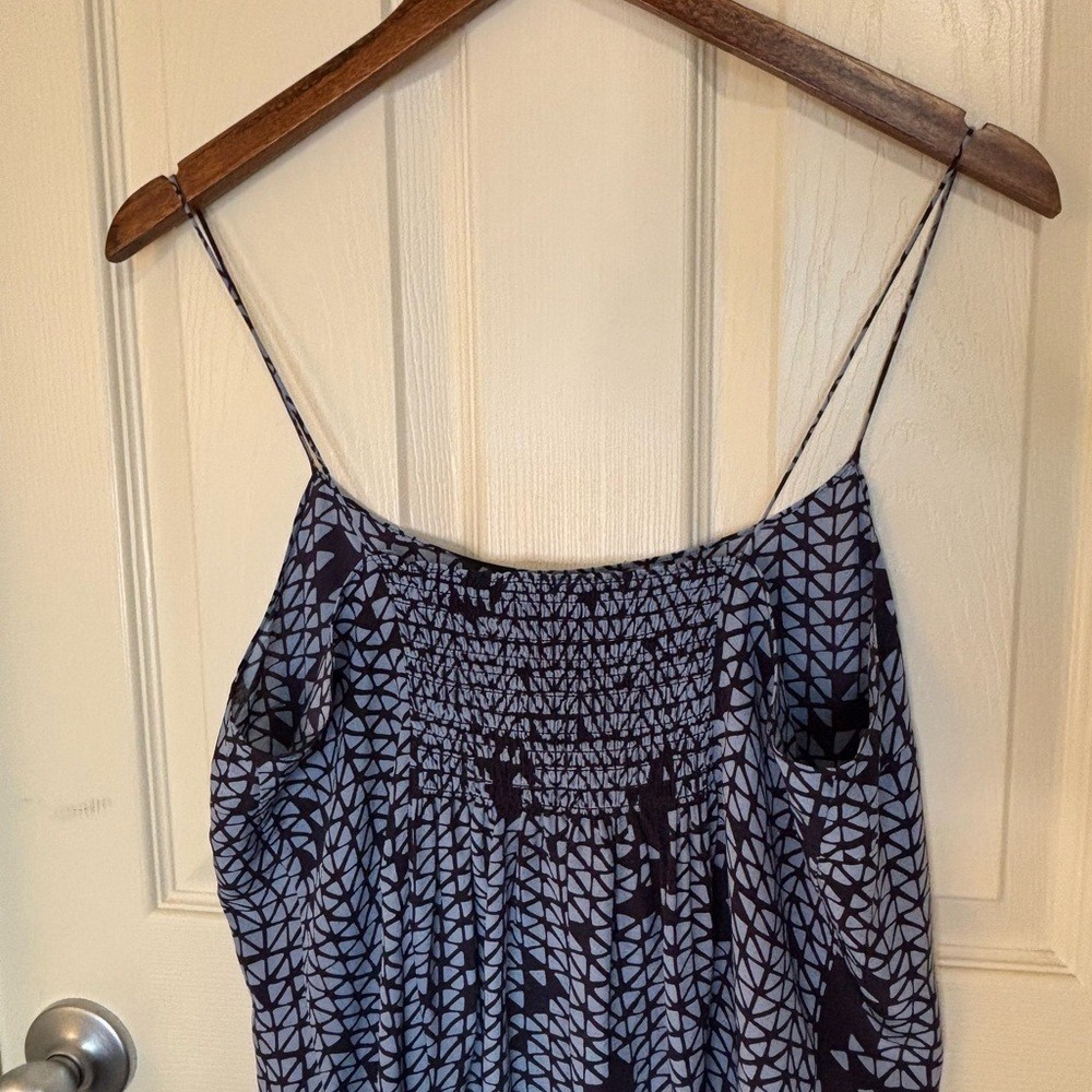 Theory Silk Tile Print Smocked‑Back Midi Slip Dress Blue White Size L