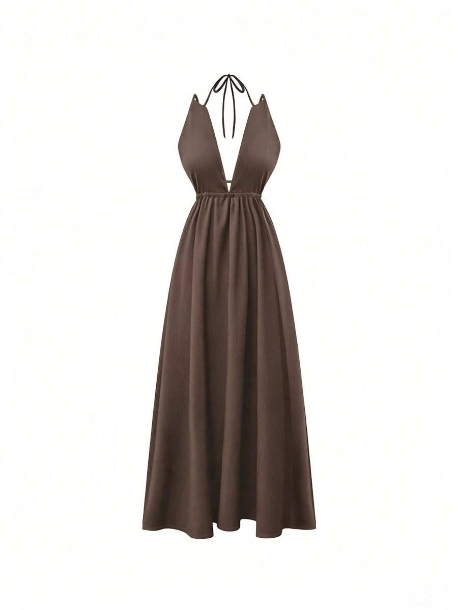 Spaghetti Strap Dress Side Pockets Backless Slit Hem Casual Cami Maxi Long