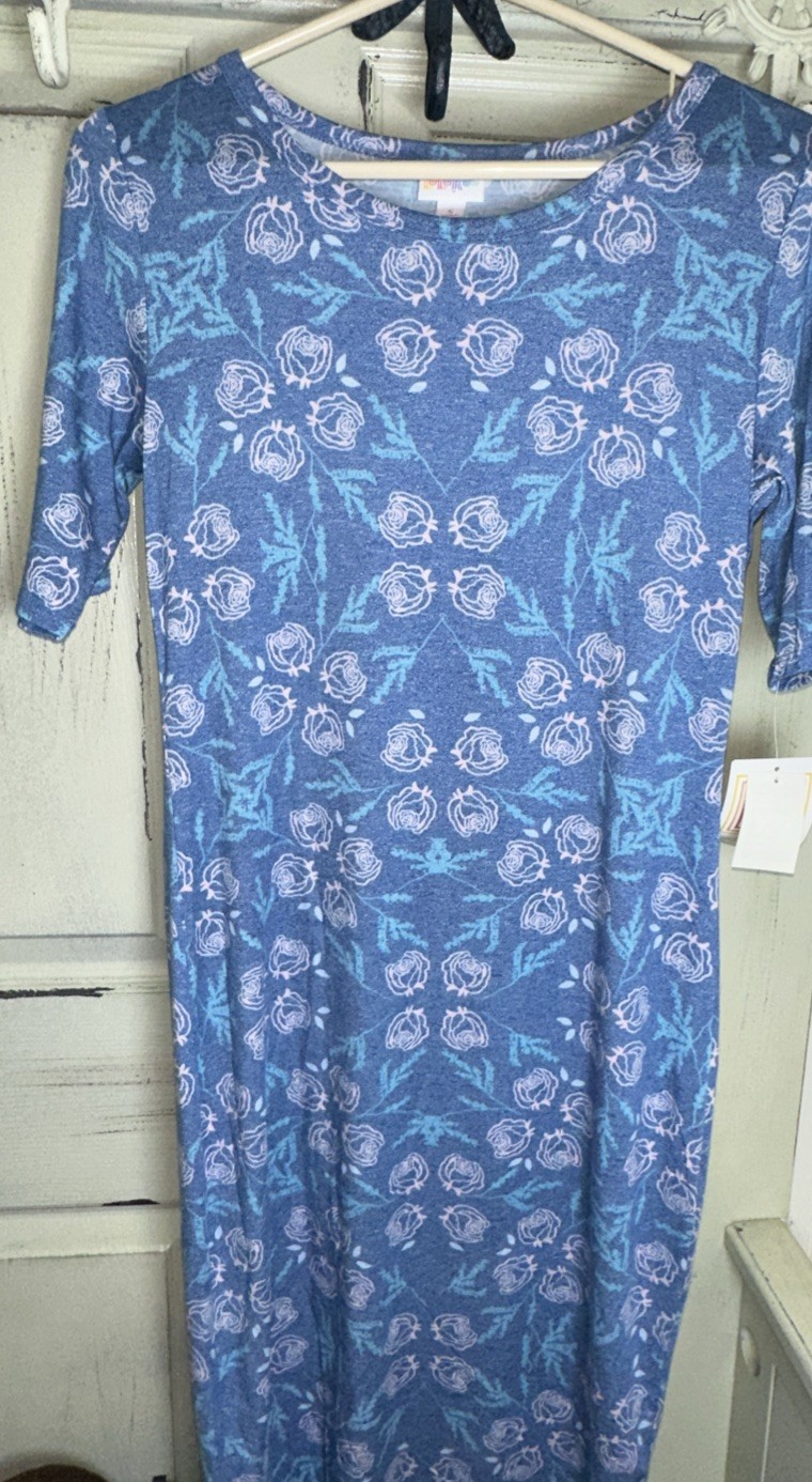LuLaRoe Julia Size S Floral Knit Dress Blue And Light Pink Roses NWT