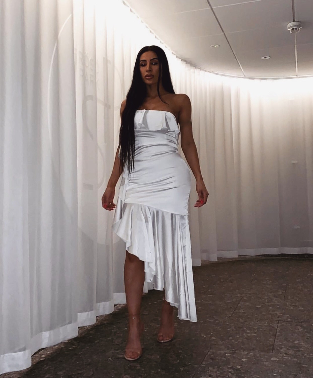 Meshki Jacinda Frill High Split Dress Satin Stretch White Size L 12 Evening NWT