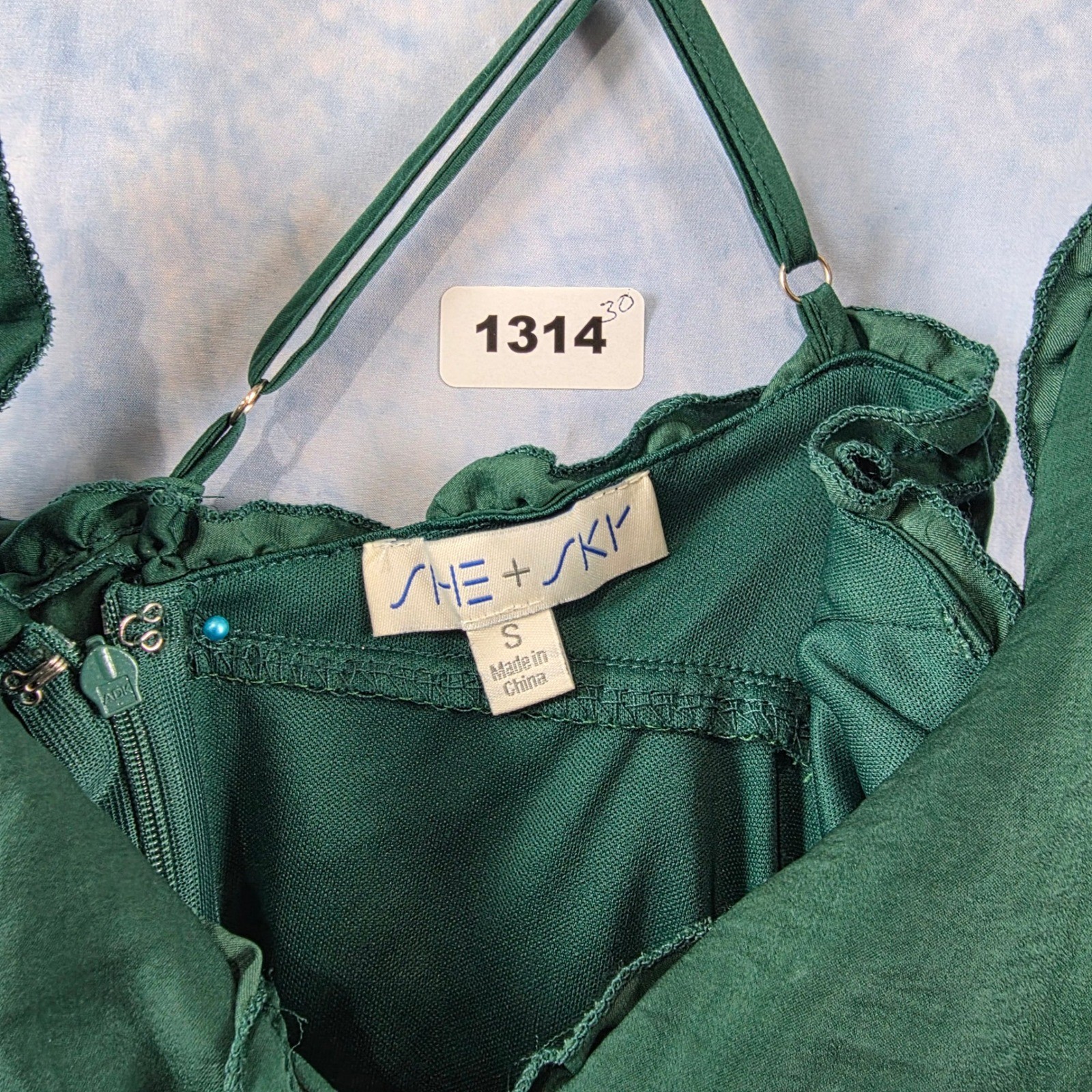She + Sky Emerald Green Ruffle Tiered Babydoll Mini Dress Cross Back Small