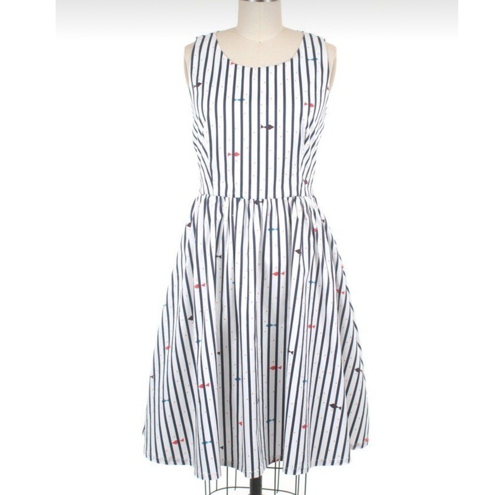 WOMEN’S FROCK SHOP RETRO VINTAGE STYLE FIT & FLARE STRIPED DRESS SCOOP NECK EUC
