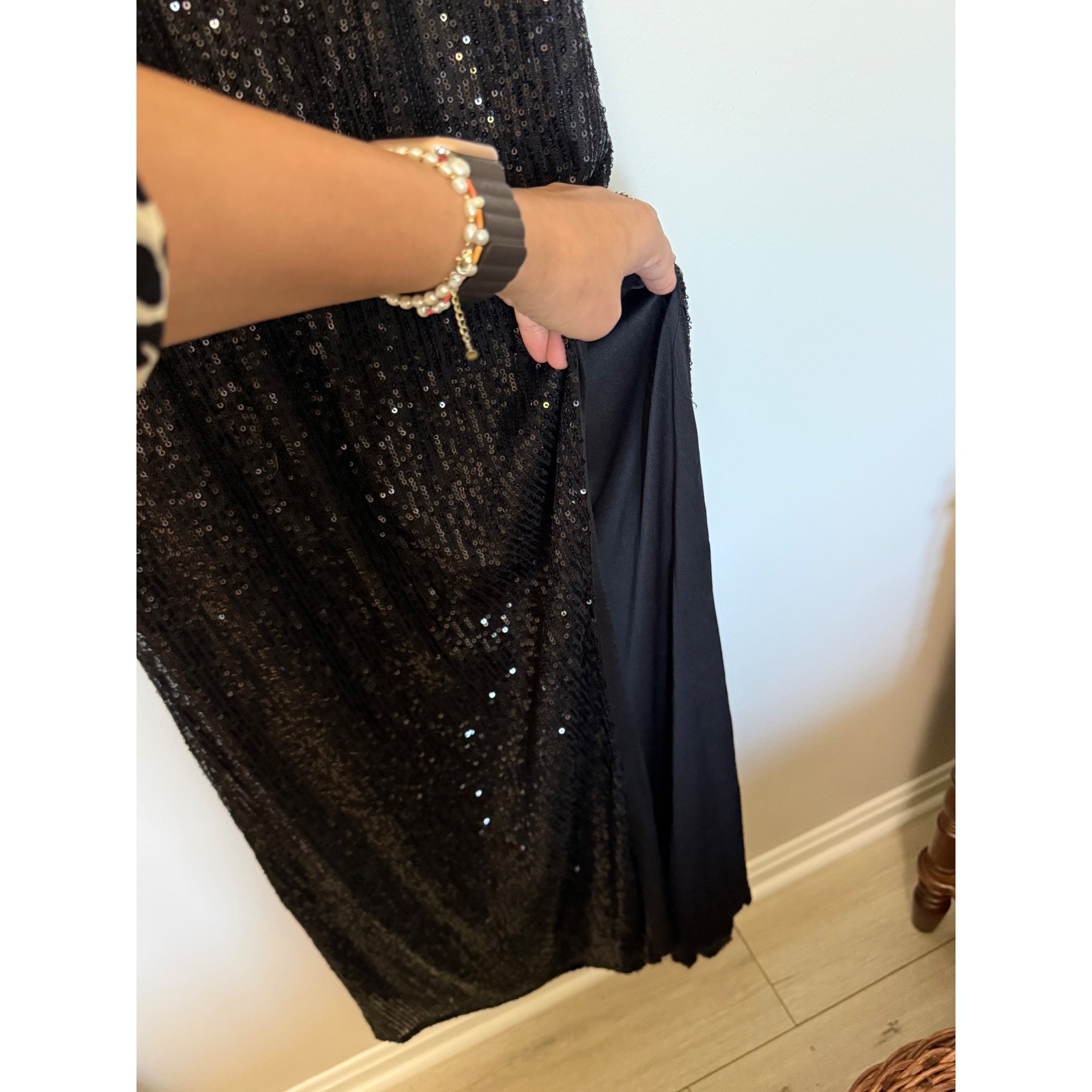 Black Sequin Long Sleeve Maxi Dress Shoulder Cut Out Side Slit Formal Gown