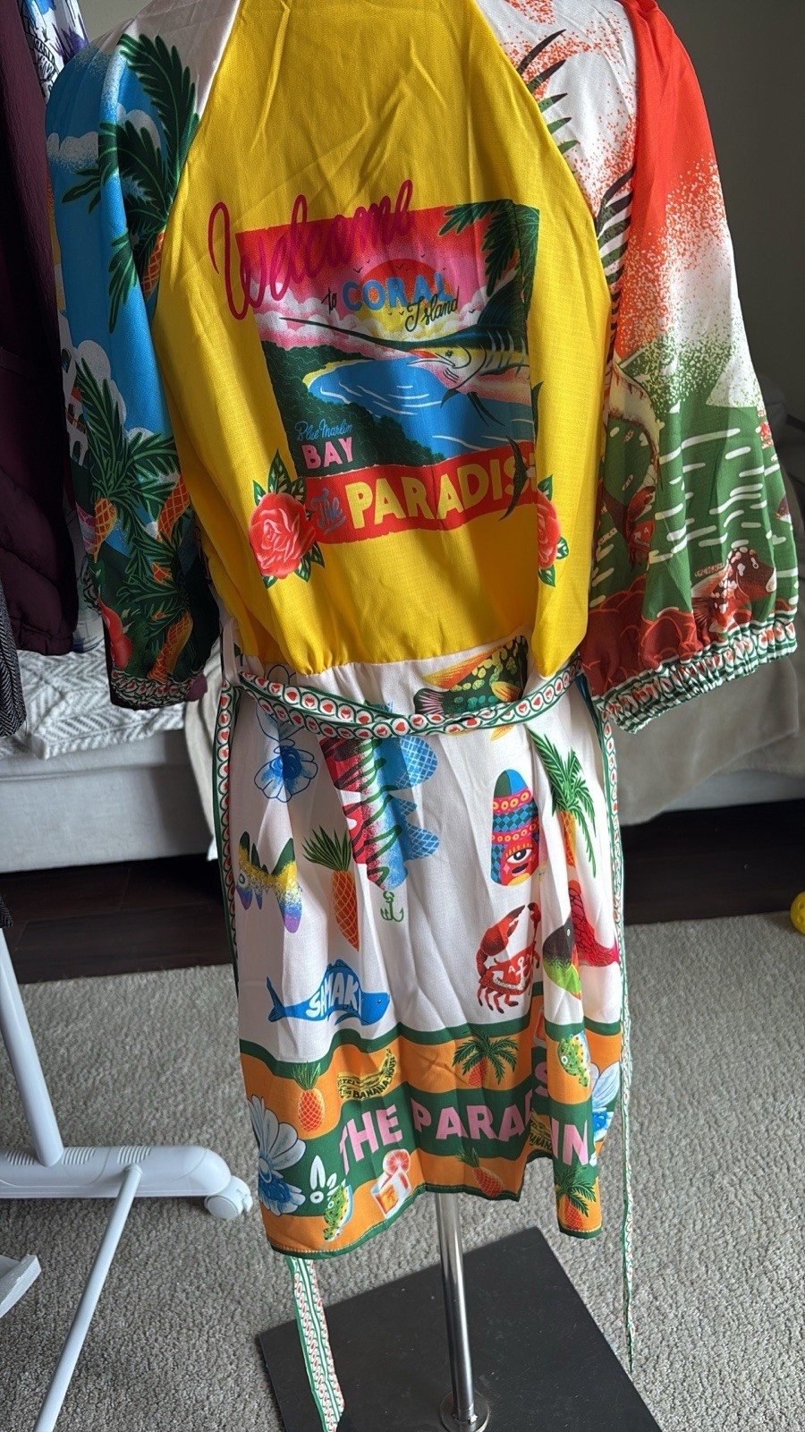 Tropical Patchwork Mini Dress XL Resort Print Designer Inspired Puff Sleeve