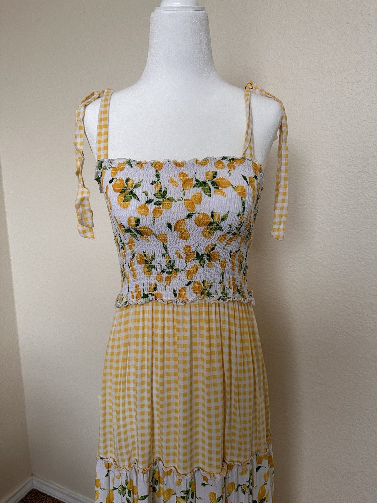 bebop Women’s Yellow/White/Green Tie Strap Maxi Sun Dress M