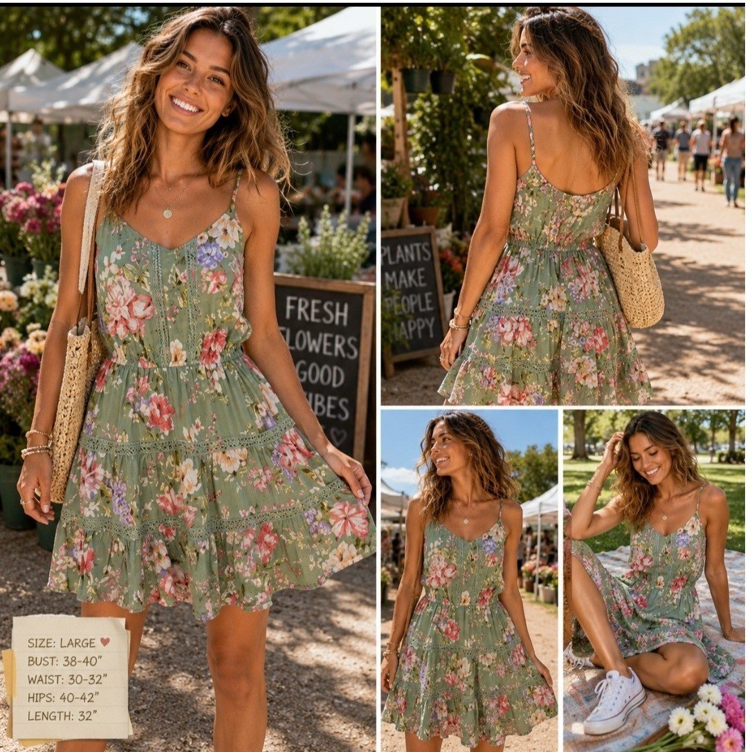 Blu Pepper Sage Green Floral Lace Trim Tiered Mini Dress Womens Medium