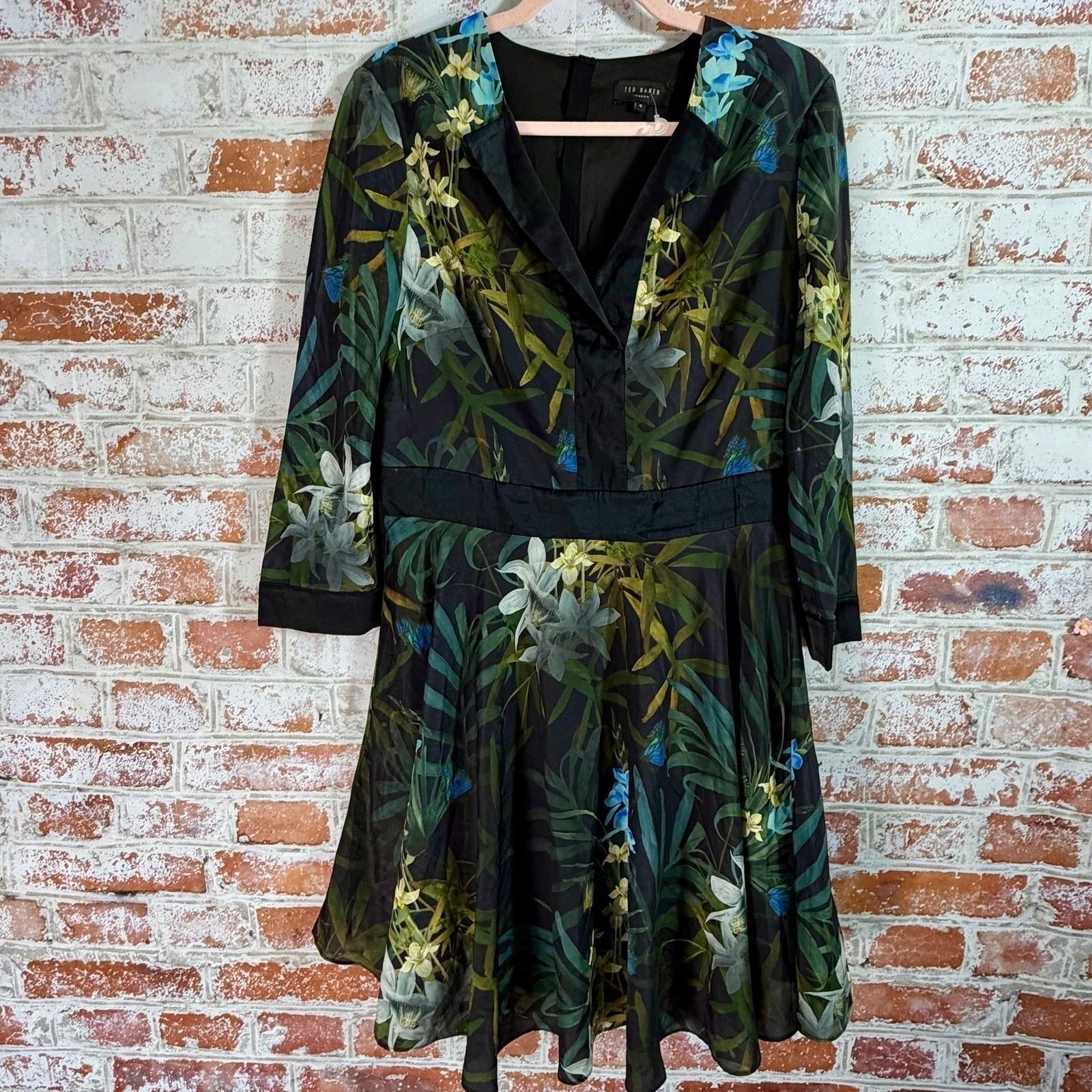 Ted Baker Floral Fit and Flare Dress Womens 4 Black Green Botanical V-Neck