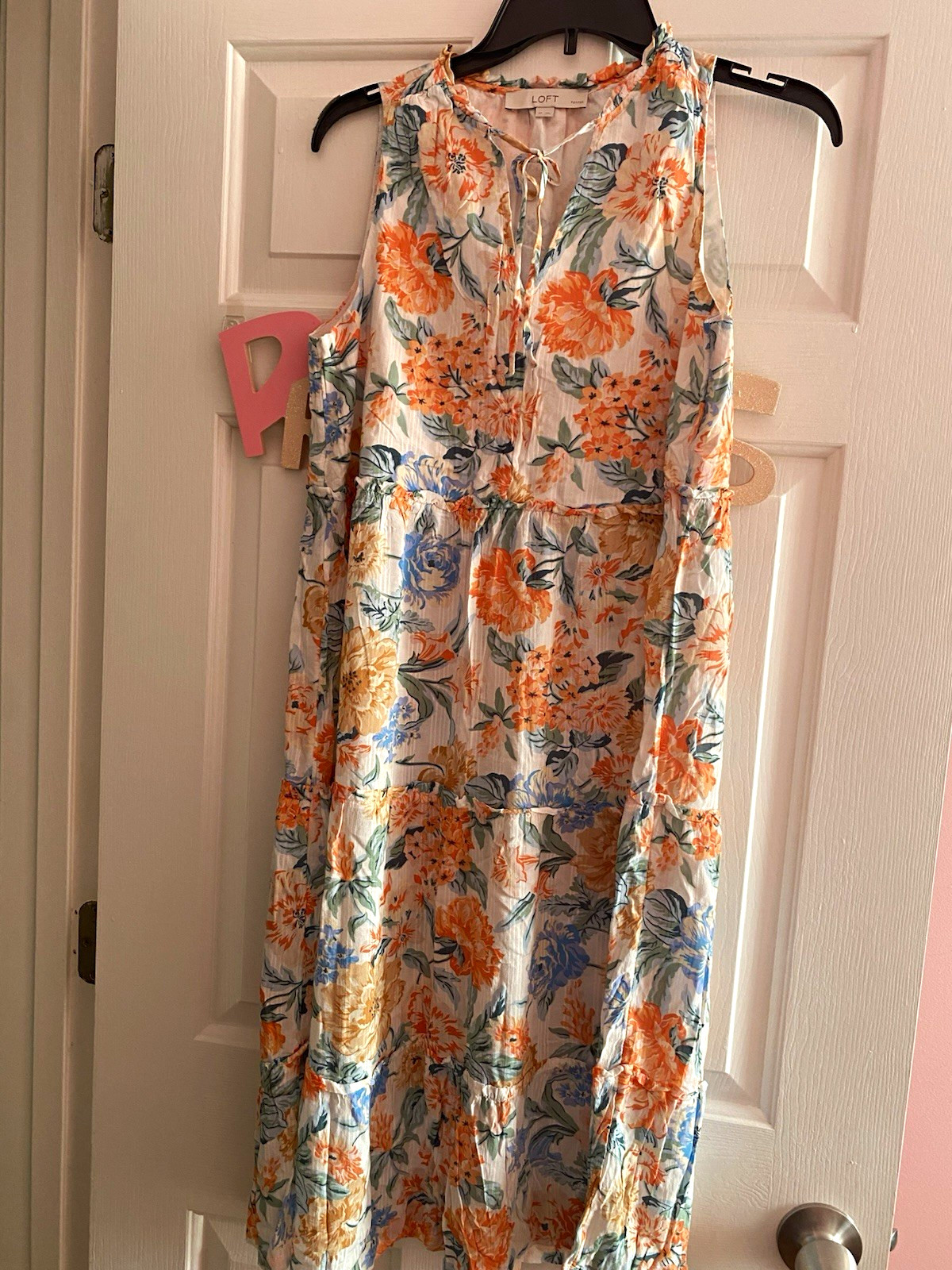 LOFT Petites SP Floral V-Neck Sleeveless Midi A-Line Dress White Orange Blue