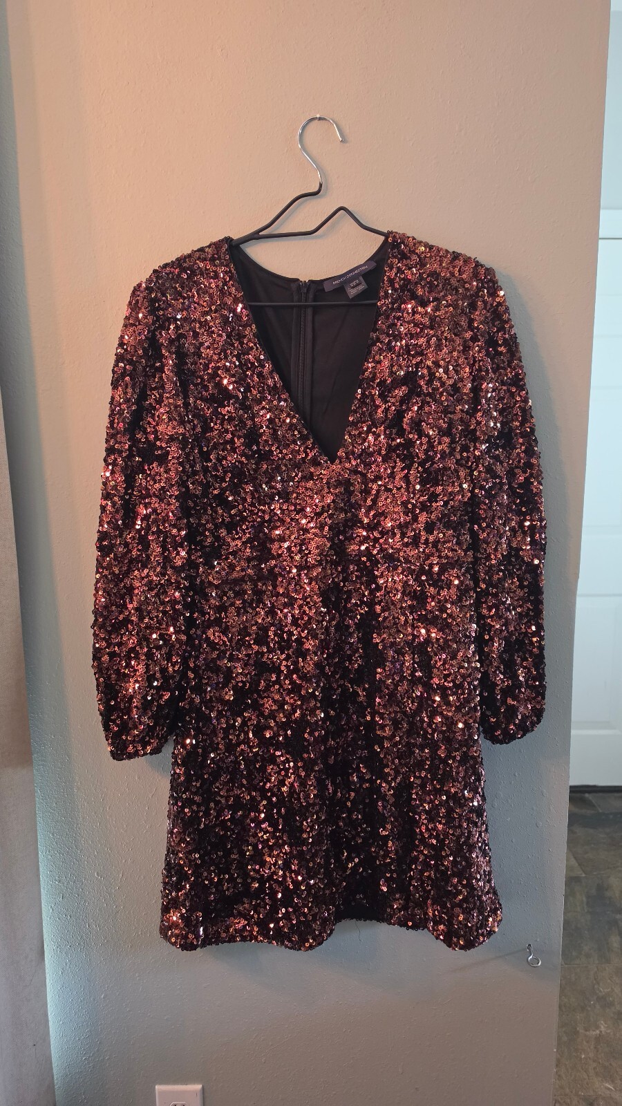 French Connection Rose Gold Sequin Long Sleeve Fit & Flare Party Dress XL 12