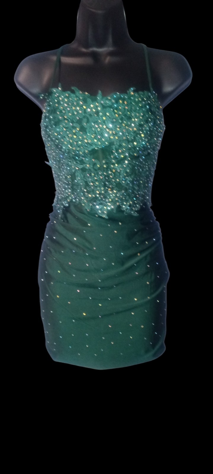 Green Bodycon Mini Dress M Sweetheart Ruched Satin Sequin Beaded Rhinestone