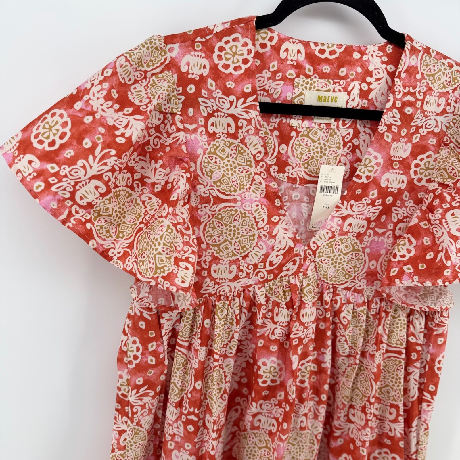 NWT Maeve Anthropologie Printed Flutter Sleeve Babydoll Maxi Dress XXS Cotton