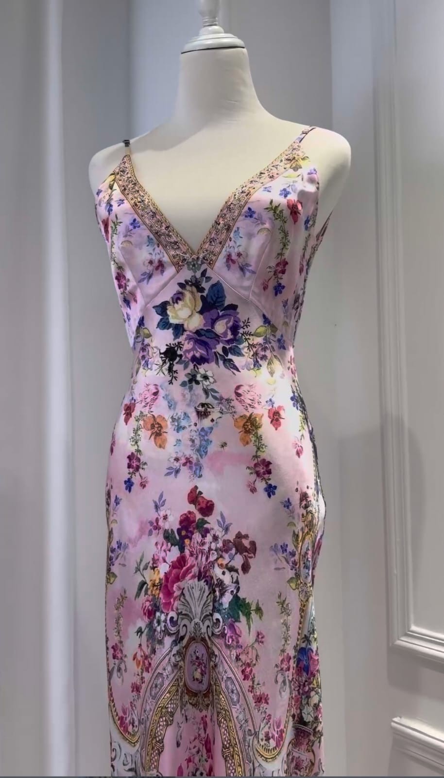 Camilla Palatial Pastels Silk V-Neck Bias Slip Maxi Dress With Train NWT Resort