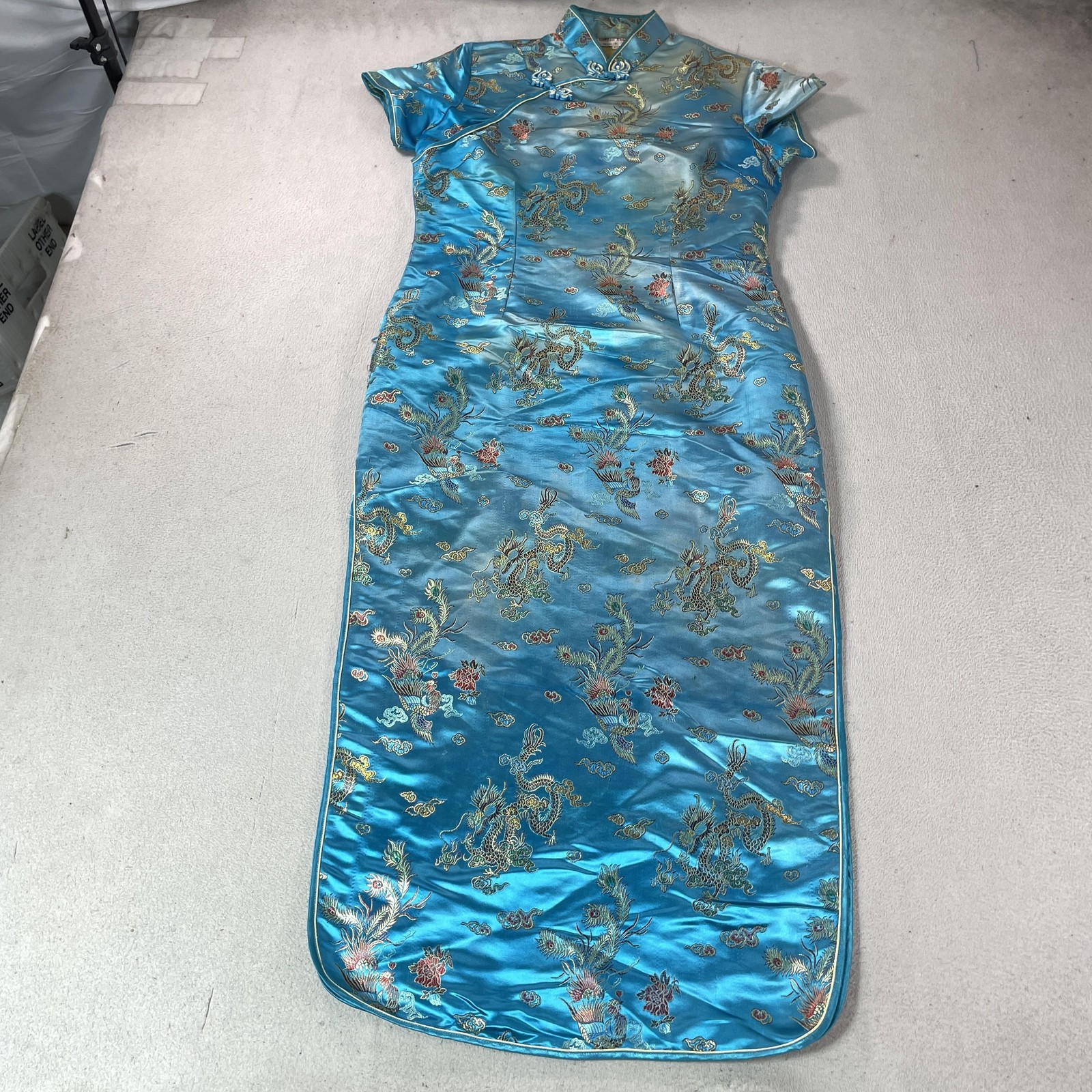 Vintage Golden Elephant Dress Womens 42 Blue Satin Dragon Chinese Cheongsam Maxi