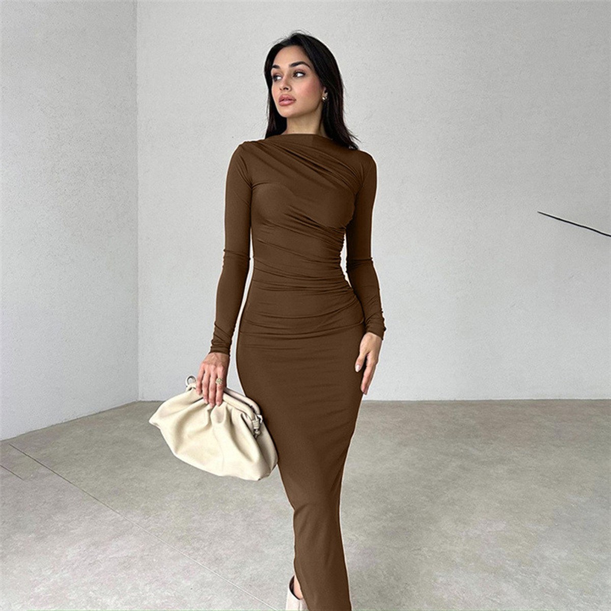 Slim fit solid color temperament long hip hugging dress