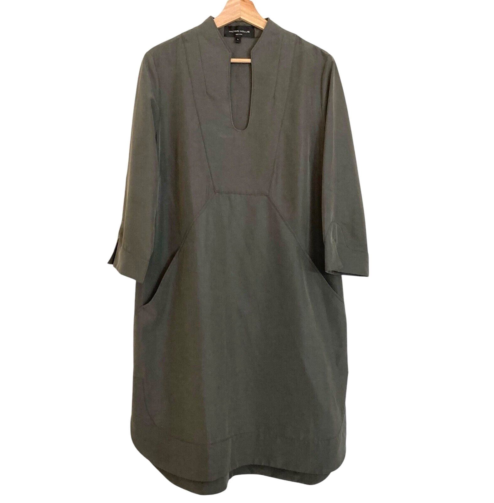 HILTON HOLLIS Shift Dress Women Size L Relaxed 3/4 Slve Shirttail Designer Green
