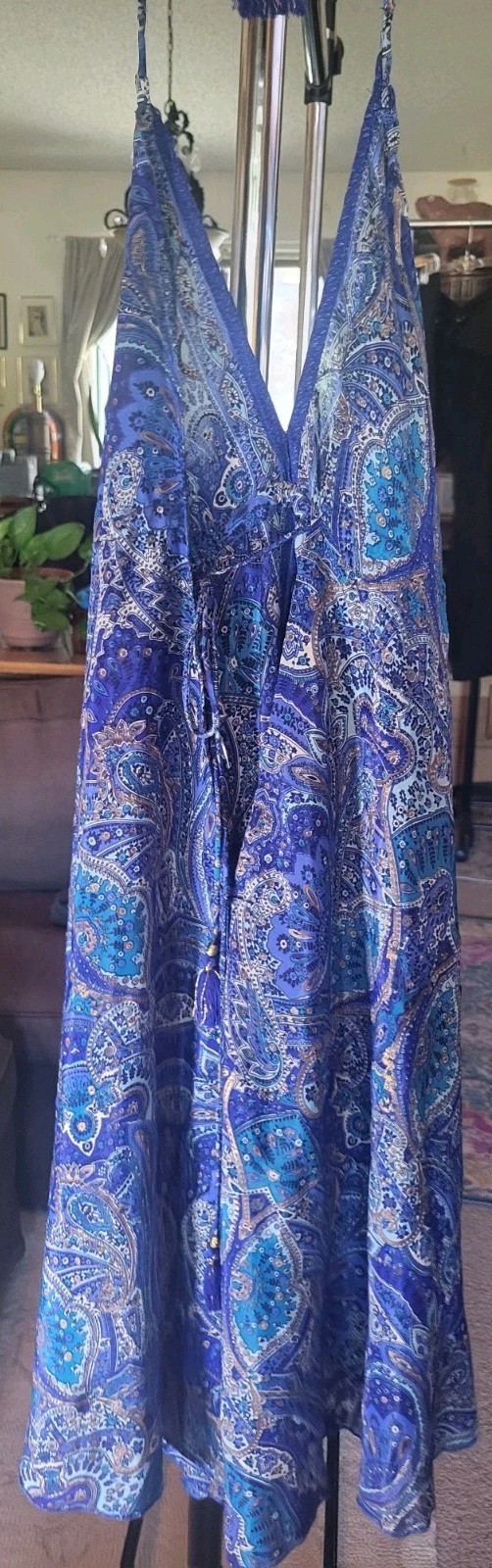 Y2K Babydoll Dress Silk Paisley One Size Halter Ties Boho Fairygoth Festival