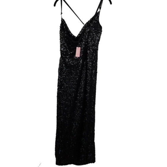 NWT PrettyLittleThing Sequin Cowl High Split Midi Dress 12 Black Formal LBD