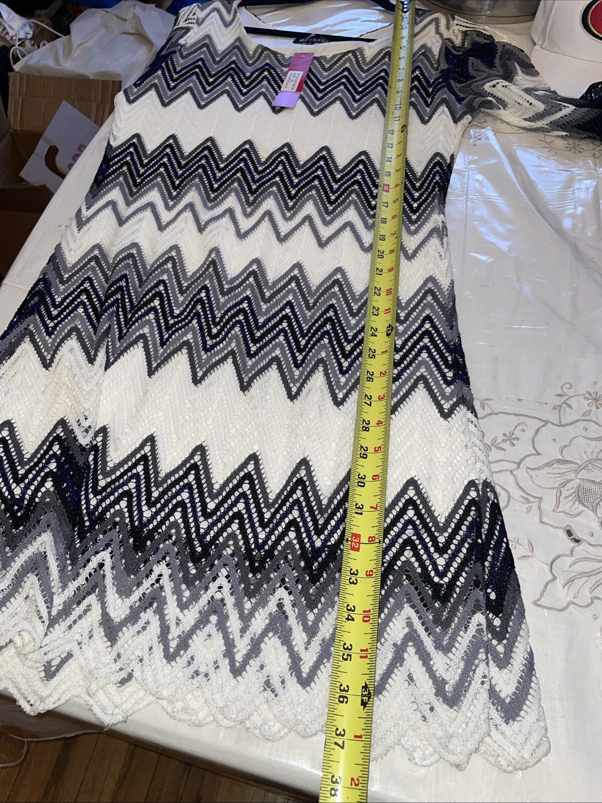 NWT Mechant Crochet Blue White Grey Zig Zag Chevron Bold Pattern Dress X-Large