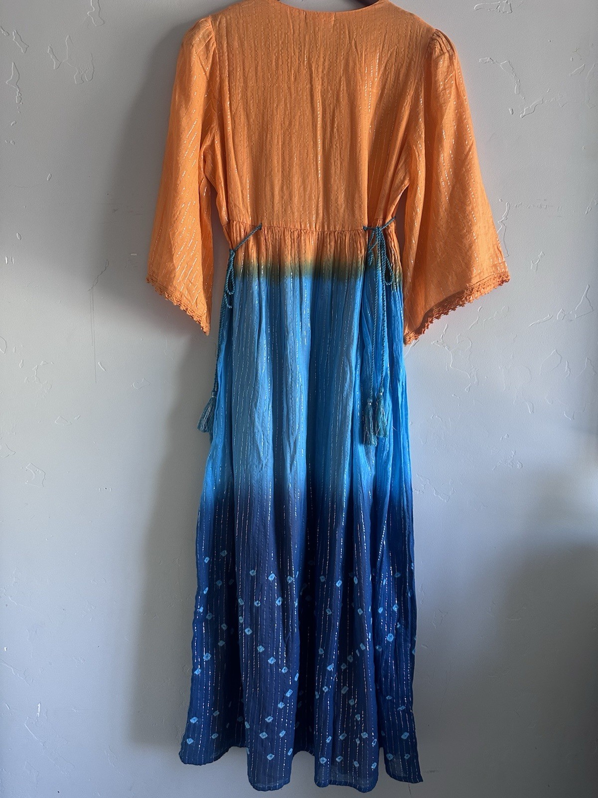 NOVICA Orange Blue Ombre Embroidered Maxi Dress S Lined 3/4 Bell Sleeve