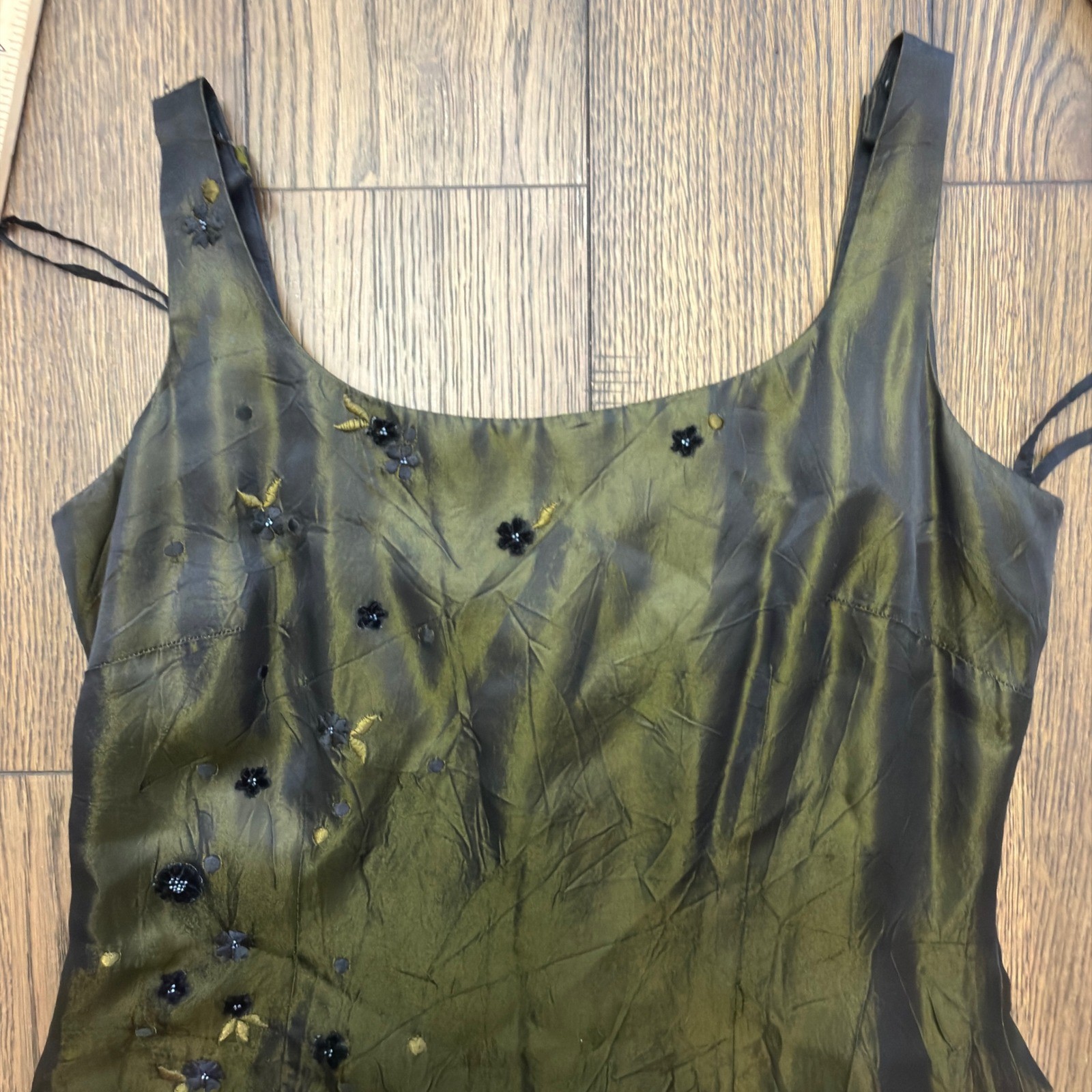 Olive Green Iridescent Floral Beaded Maxi Dress Scoop Neck Fairy Y2K Satin Gown