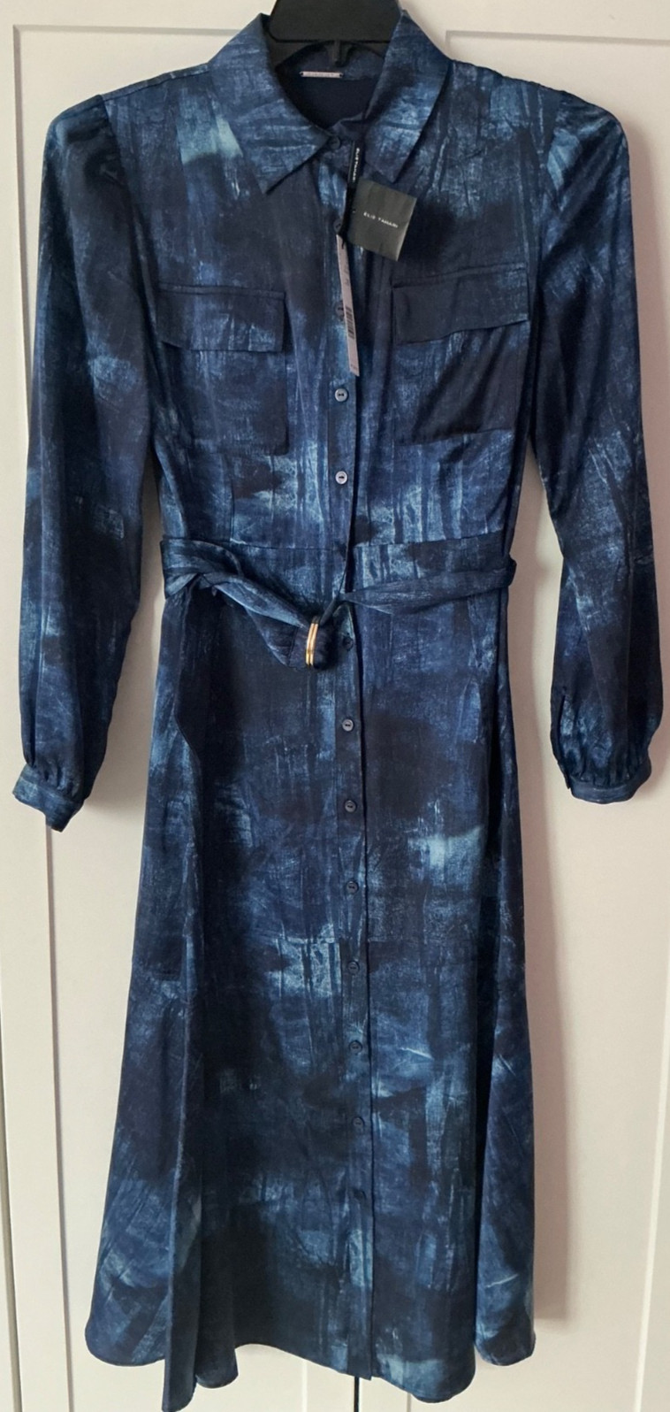 Elie Tahari Button Down Collar Navy Blue satin midi Dress Sz S Women’NWT$495