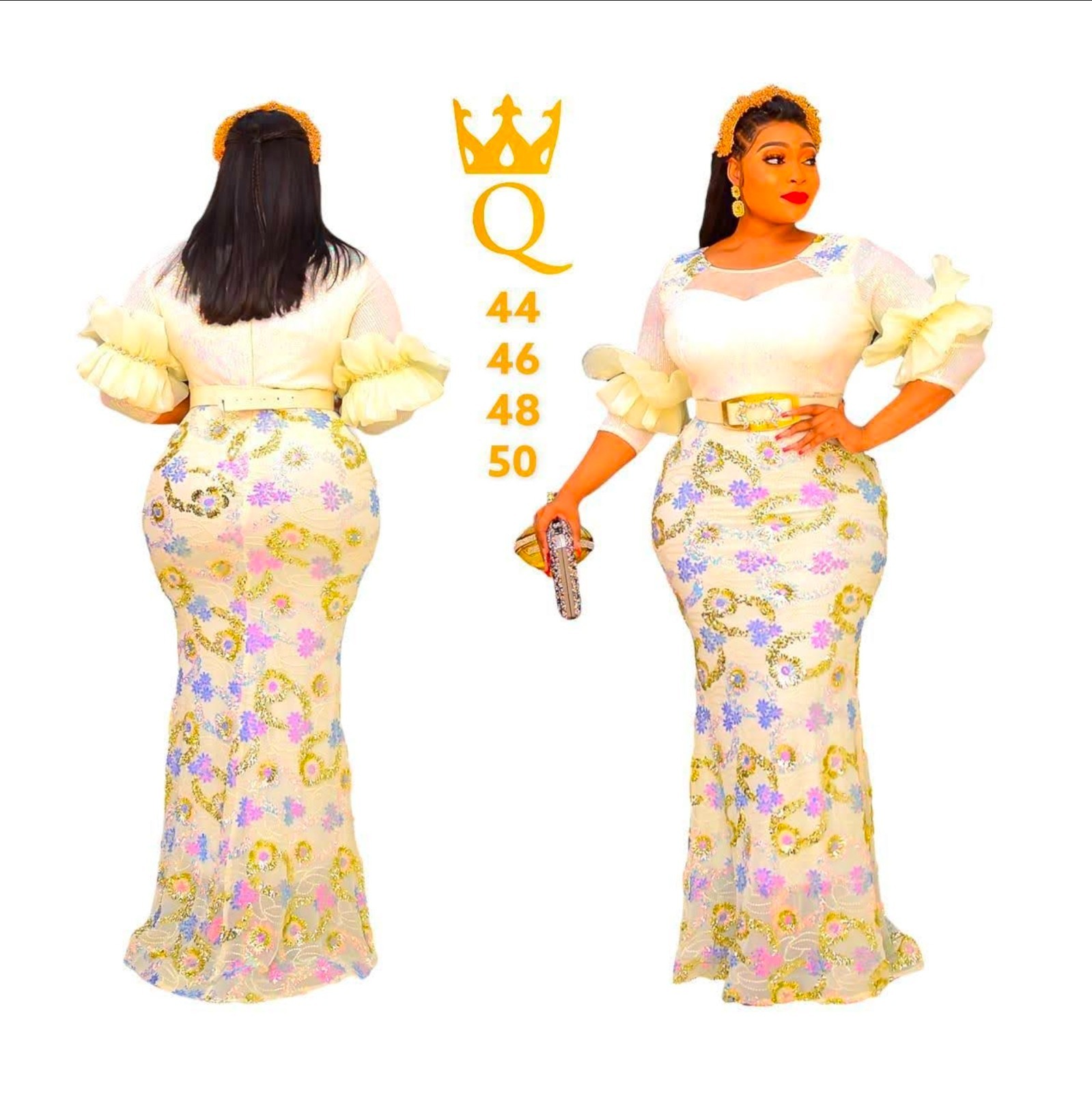 Women’s Turkish Floral Mermaid Maxi Dress White Purple Formal Church Gown Belt