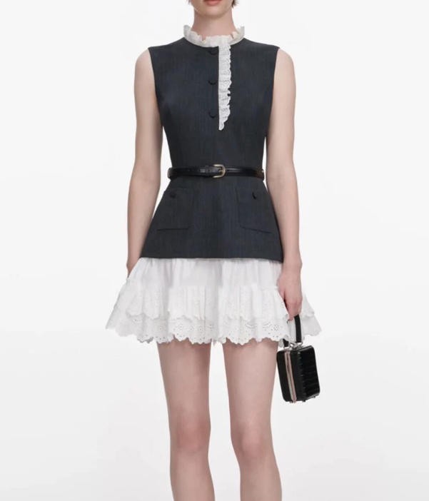 Self-Portrait Women’s Grey Patchwork white Lace Sleeveless Dresse+ Belt