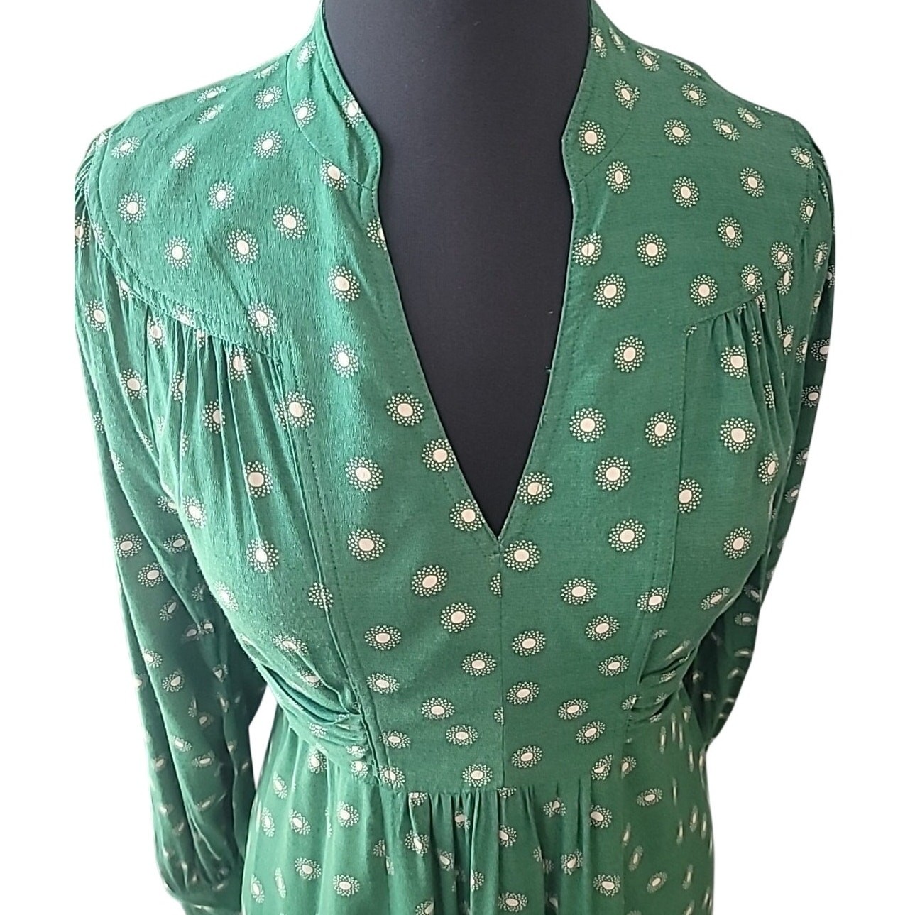 Boden Floral Print Midi Dress Green Spring Long Sleeve V Neck Women US 6R UK 10R