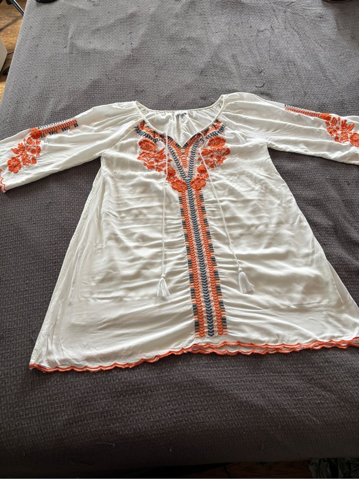 Chic Connection White Boho Coastal Peasent Tunic Dress with Orange Embroidery