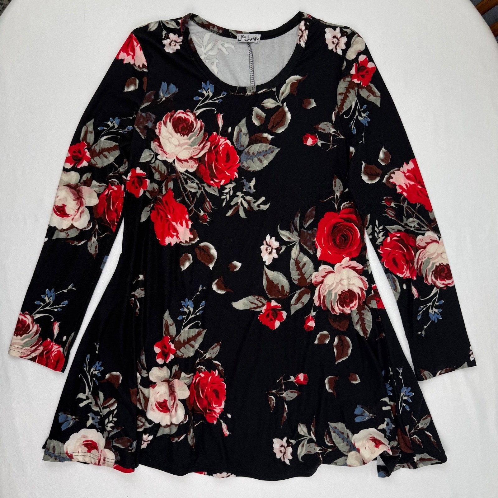 J for Justify Womens Black Red Floral Rose Long Sleeve Swing Mini Dress Large