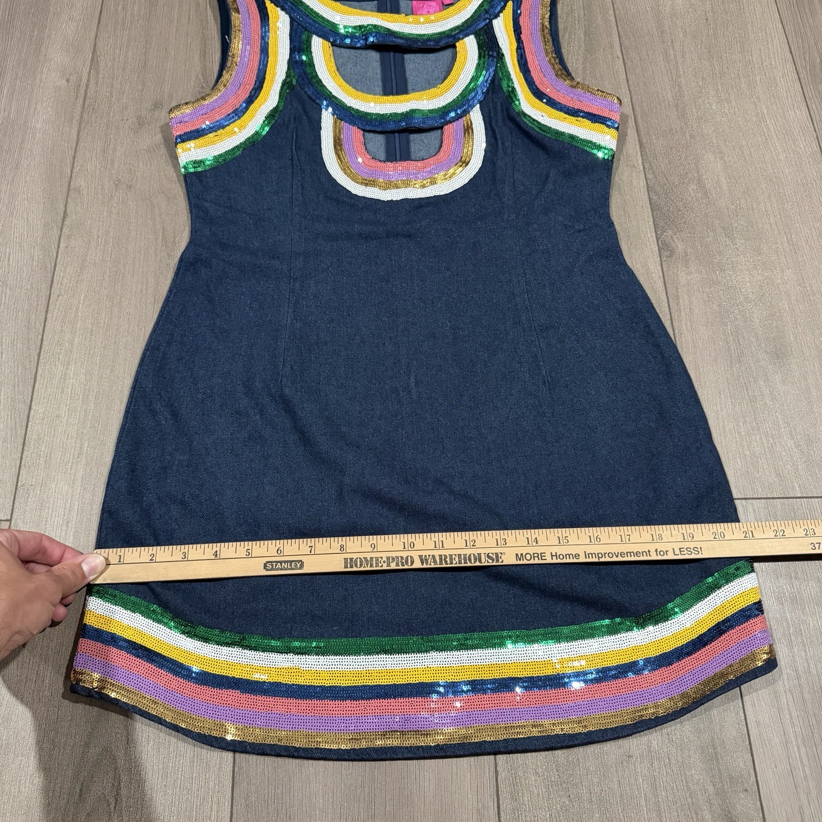 Queen Of Sparkles Rainbow Sequin Trim Denim Cut Out Dress Med Retro Skating