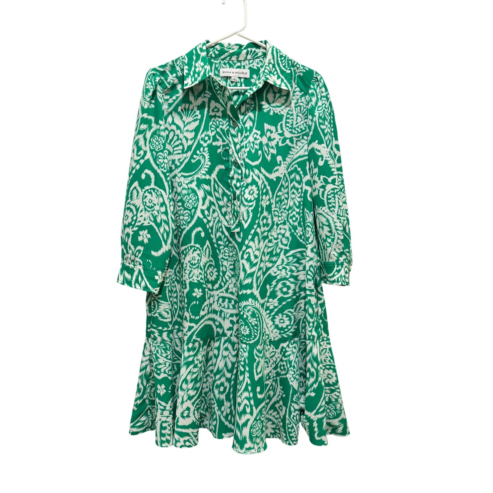 Emma & Michele Shirt Dress Women Medium Green Paisley Ikat Ruffle Pockets Tiered