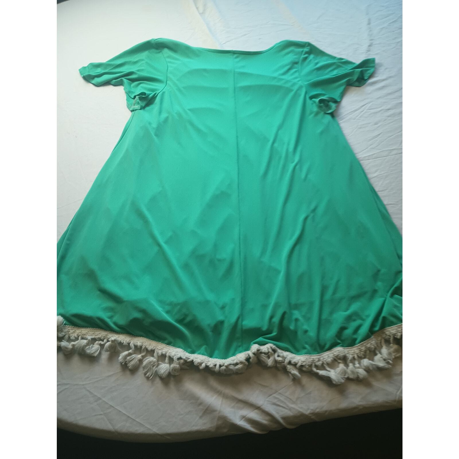 Judith March Green V-Neck Tassel Fringe Boho Mini Dress Tunic Large Made in USA