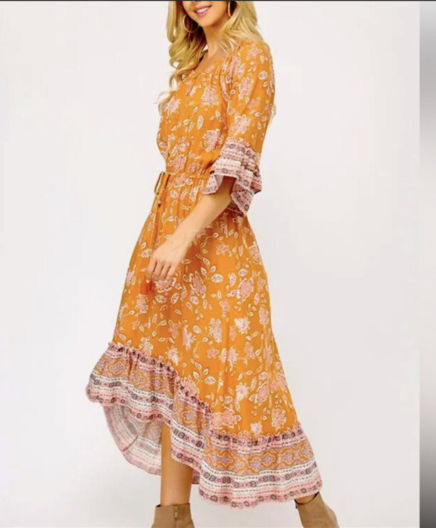 GiGiO USA Women’s Colorful Button Up High Low Floral Boho Peasant Midi Dress