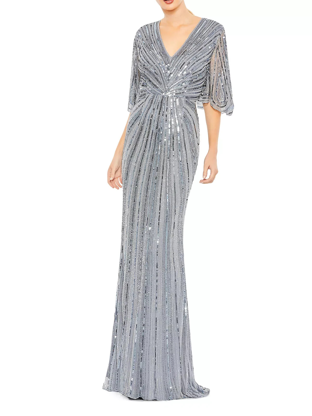 Mac Duggal Slate Blue Beaded Sequin Capelet Sleeve Column Gown Size 16 $698