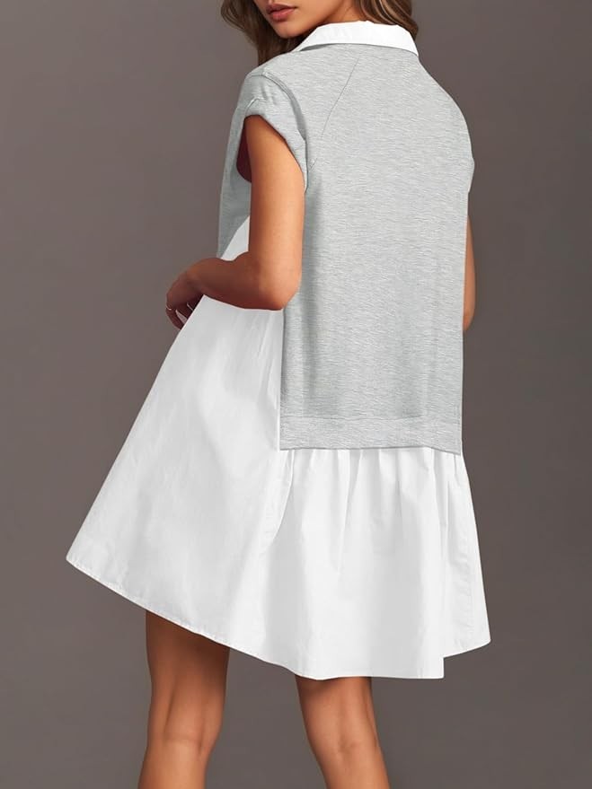 Fisoew Womens Sweatshirt Dresses Short Sleeve V Neck Patchwork Oversized L Gray