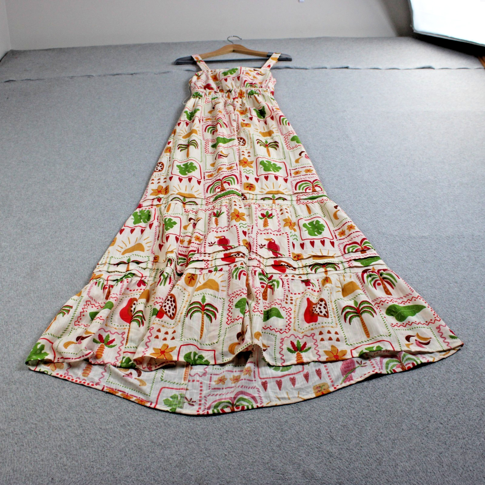Tropical Dress Women Small White Maxi Back Tie Tiered Parrot Boho Coastal Cruise