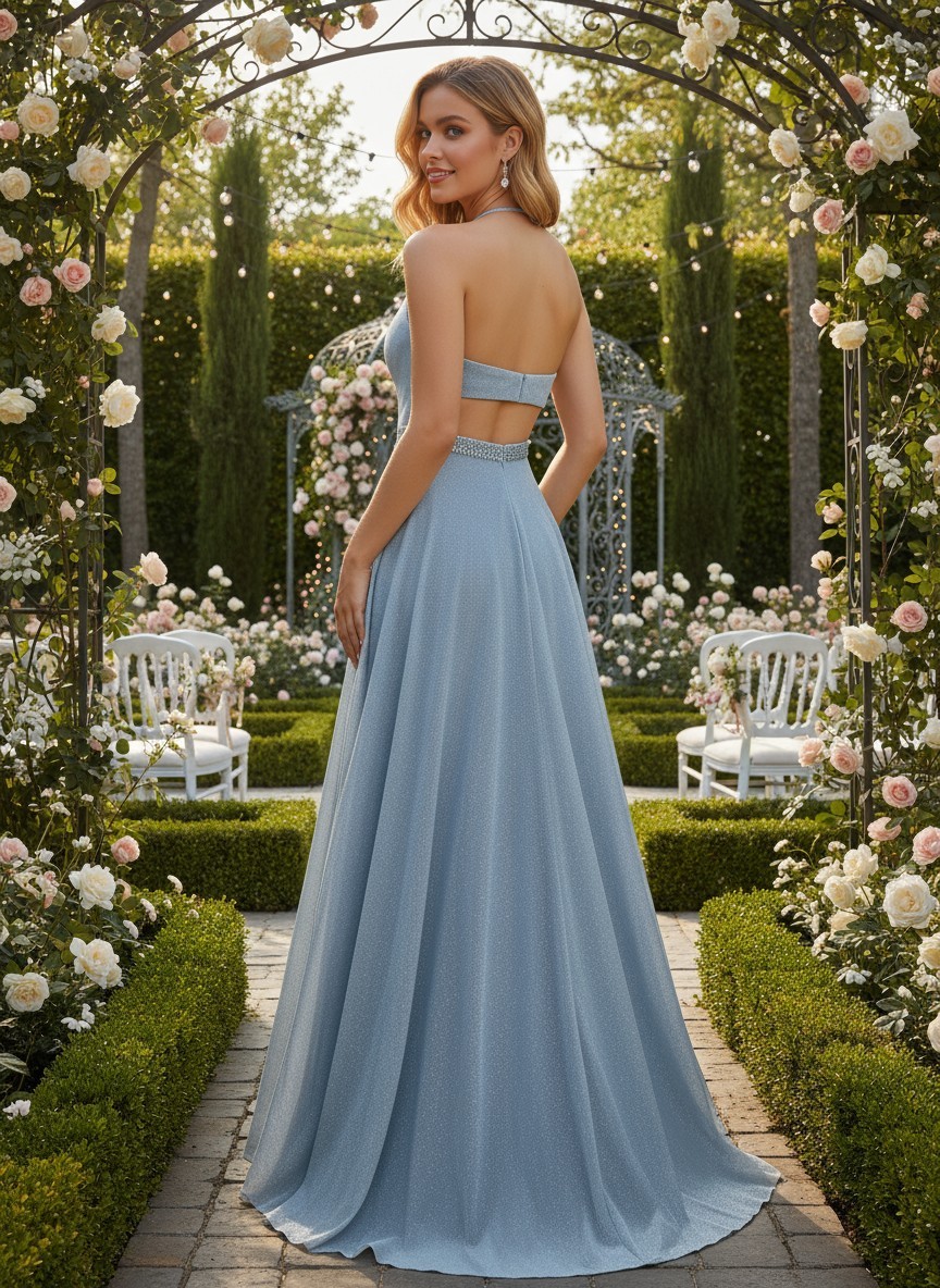 Long Shimmer Stretch Blue or Pink Dress High Neck Keyhole Formal Gown Holiday
