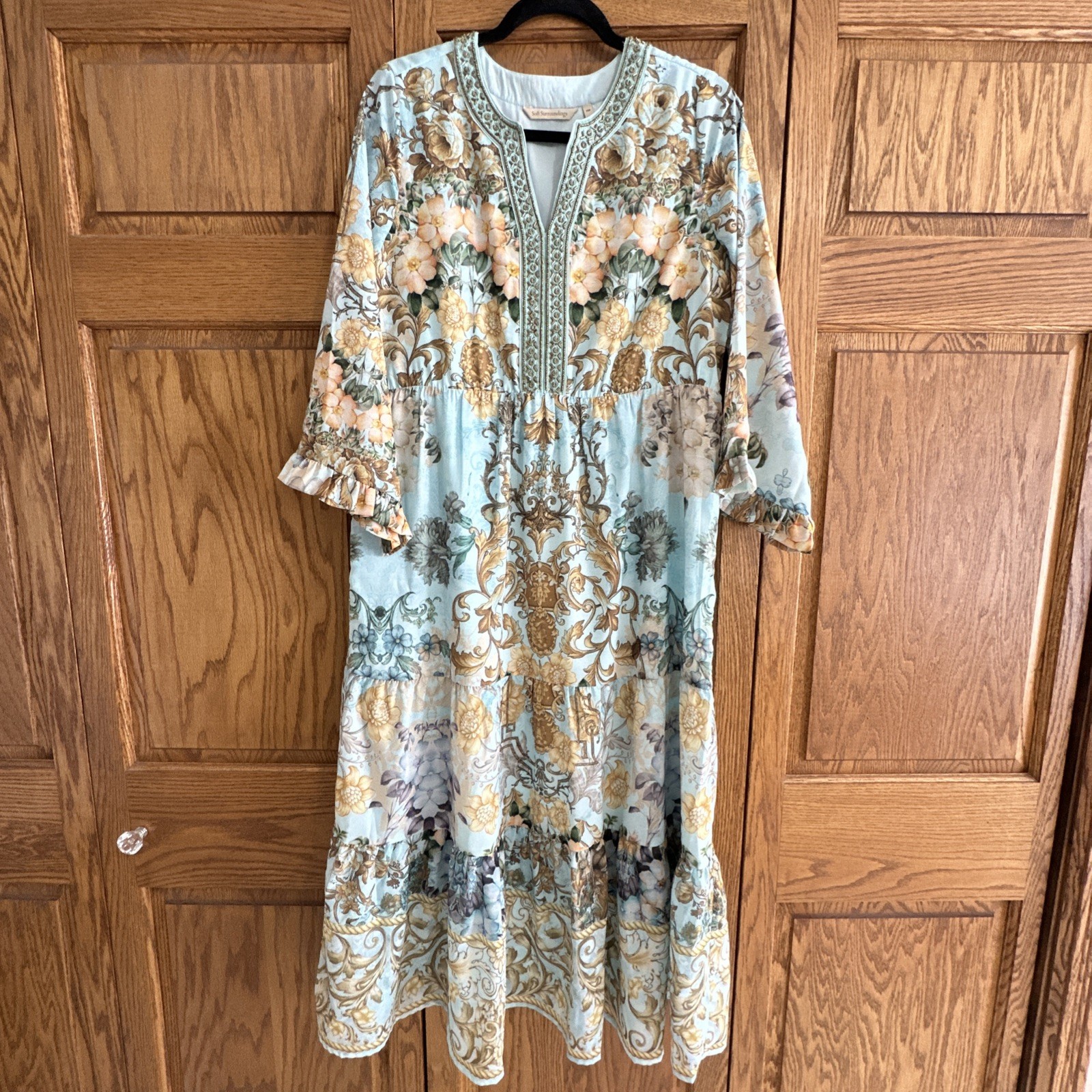 Soft Surroundings Dress Baroque, Maxi, Blue Gold Floral Beaded V-Neck Tiered.PM