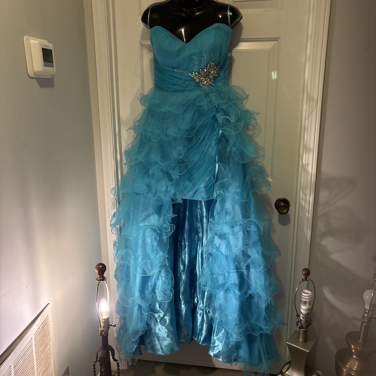 Cassandra Stone For Mac Dougal Size 10 WOW! Peacock Blue Ruffles Ruffles High&Lo