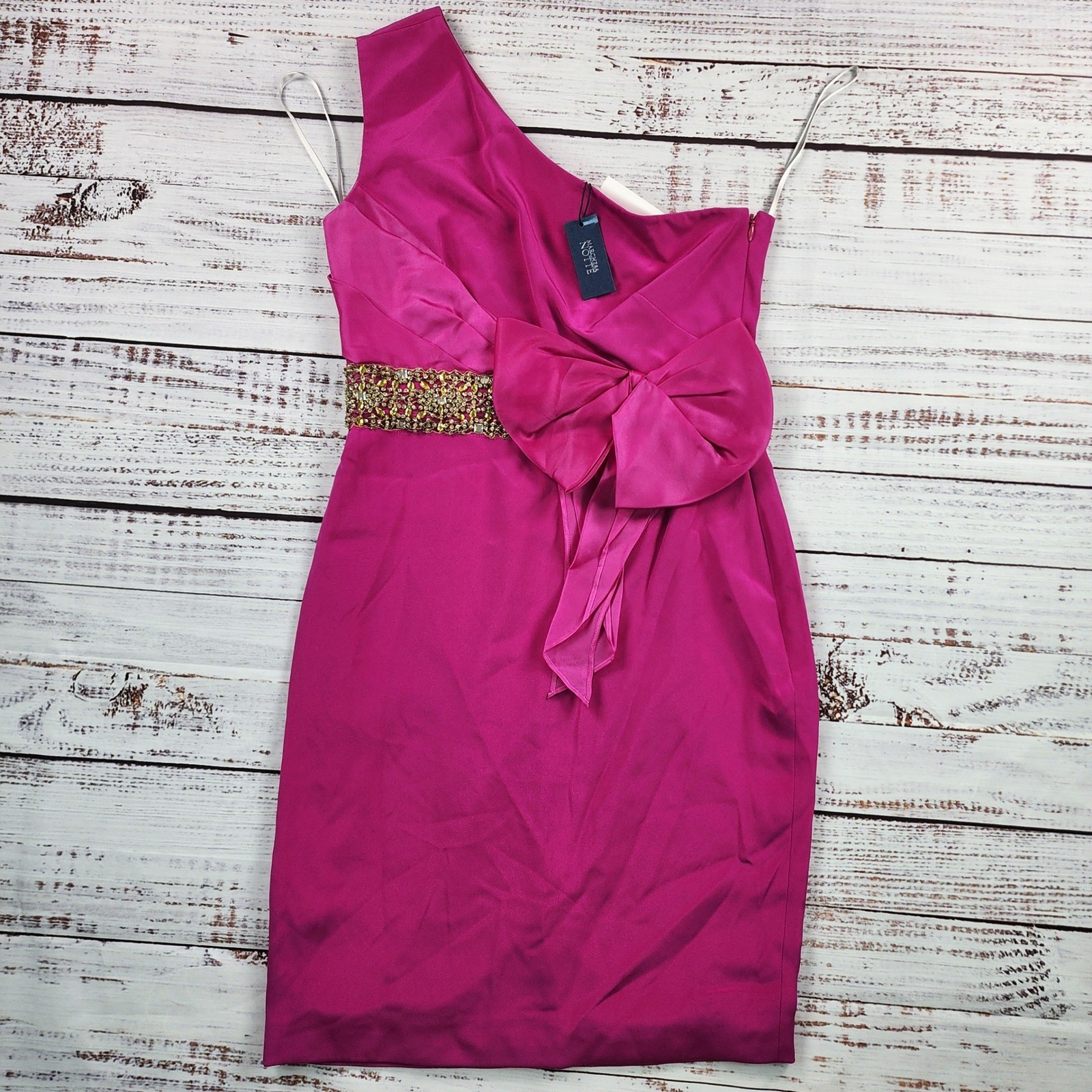 Marchesa Notte Silk Cocktail Dress Womens 4 Magenta One Shoulder Bow Beaded NWT