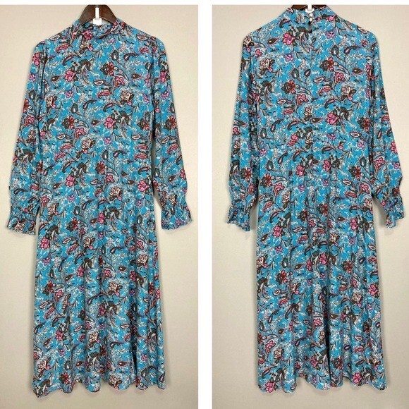 LOFT Bouquet Mock Neck Midi Dress Women’s Size 6 Ruffled Sleeves Boho Peasant
