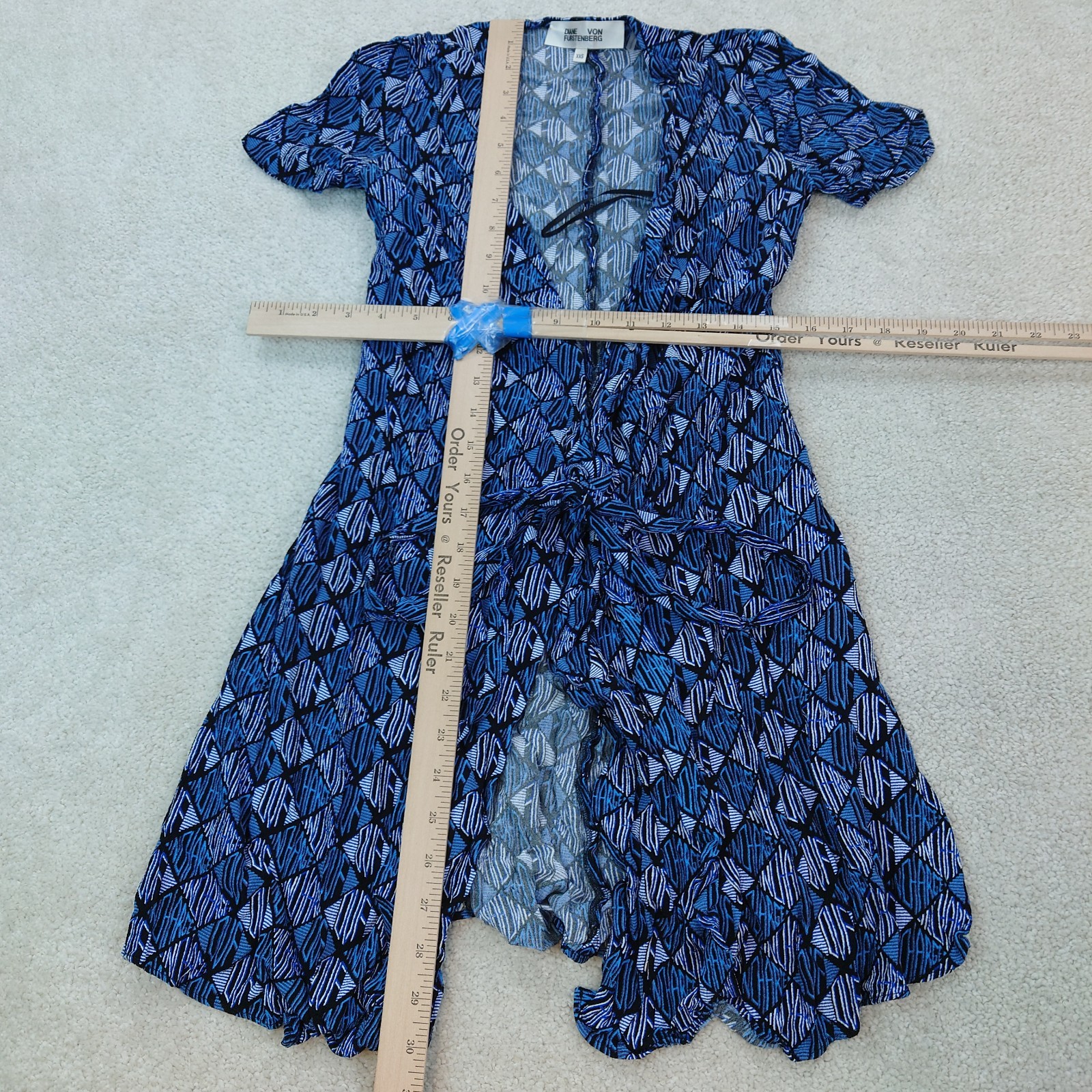 Diane Von Furstenberg Blue Logo DVF Monogram Geometric Diamond Wrap Dress XXS