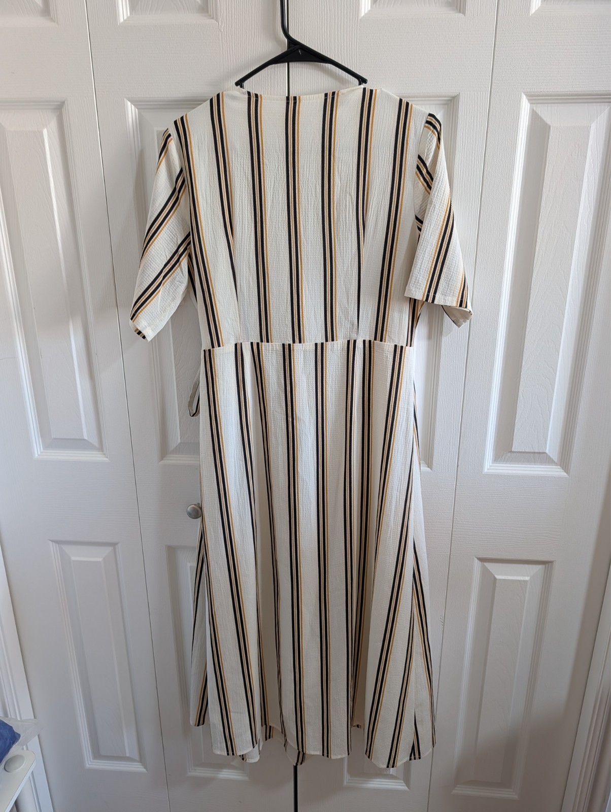 Roolee Womens Medium Striped Wrap Midi Dress Short Sleeve Cream Yellow Black Tie