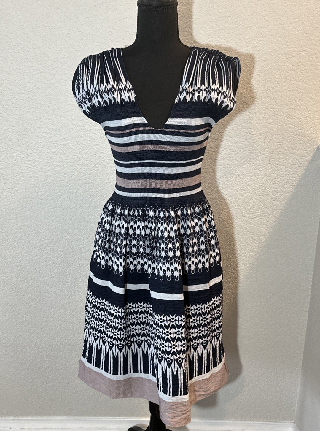Max Edition Navy Pink Geo Stripe Fit Flare Stretch Dress Sz S