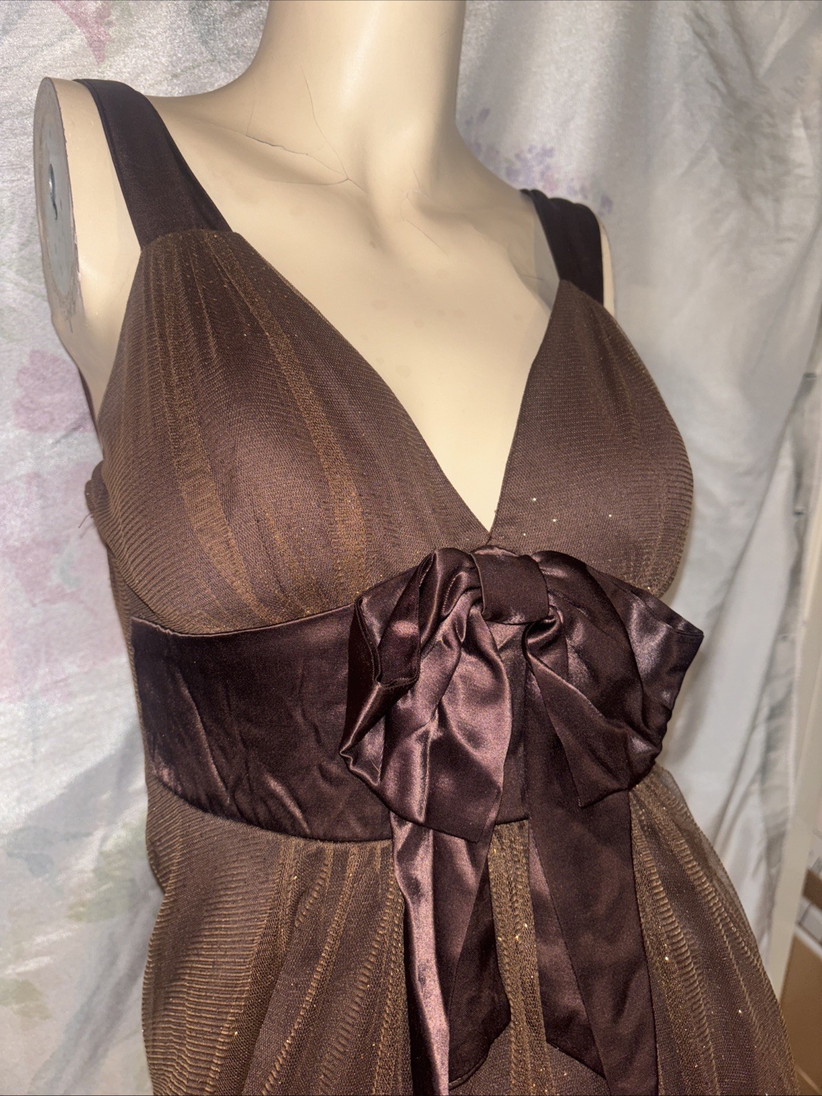 SPEECHLESS,brown tulle,tiny silver dots,satin bow,z5,S,pleats,shirred,New,UNIQUE