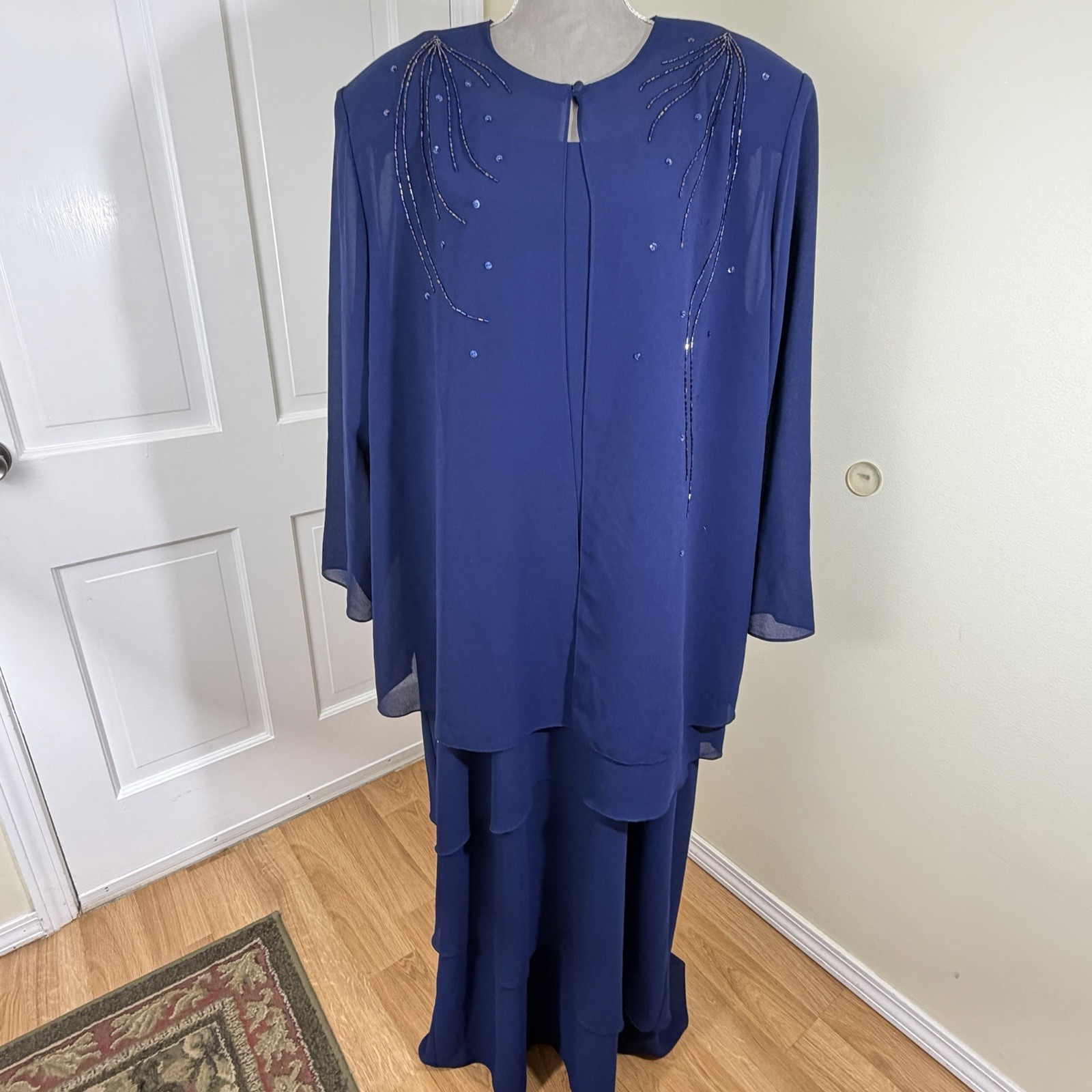 Patra 80s 90s Blue Chiffon Sleeveless Dress Jacket Set 24W Formal Bead Glam USA