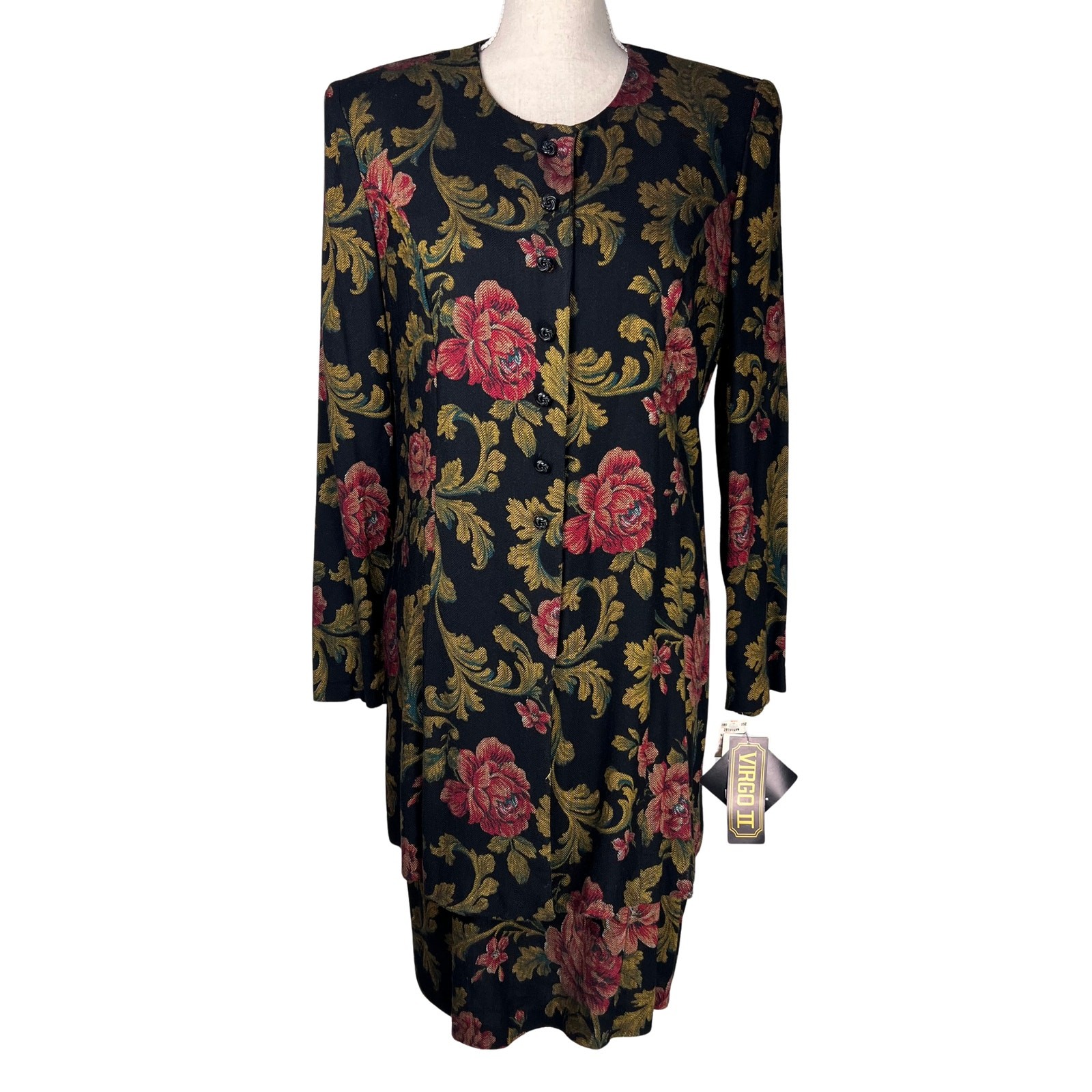 Vintage Virgo II Floral Jacquard Dress Black Gold Red Roses Puff Shoulder Sz 12